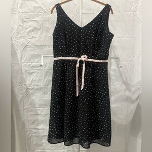 Black Polka Dot Midi Dress with Pink Waist Ribbon
